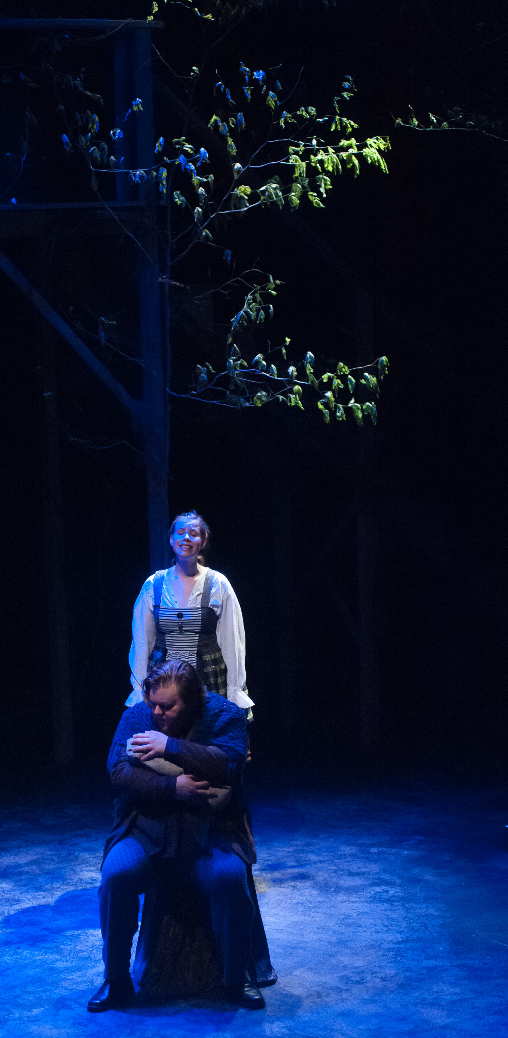 Carolyn Wesley and Nick Wheeler in LNT's 2017 production of Into The Woods  - cradling their infant child, under a treephoto by Robert Eddy